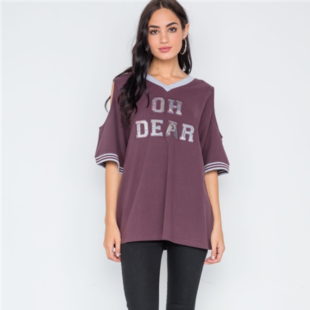 Burgundy cold shoulder graphic top